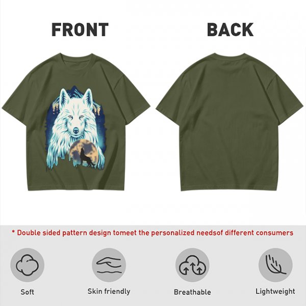 Olive T-Shirt With White Wolf And Howling Wolf Moon Graphic