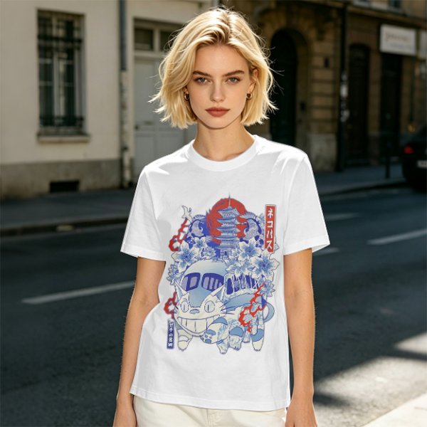 Olive green t-shirt with cat bus and Japanese traditional art print