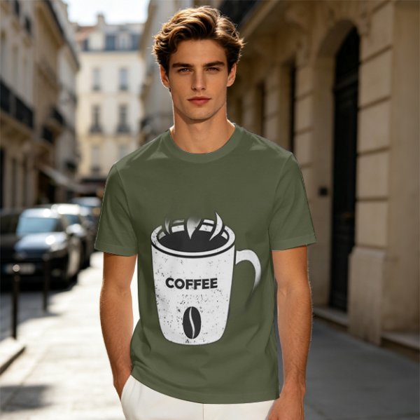 Olive Green T-Shirt With Coffee Mug Graphic Print