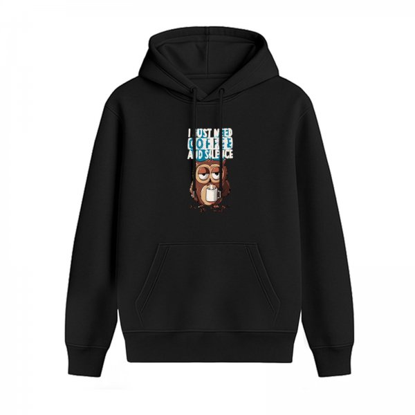 I Just Need Coffee And Silence Owl Graphic Black Hoodie