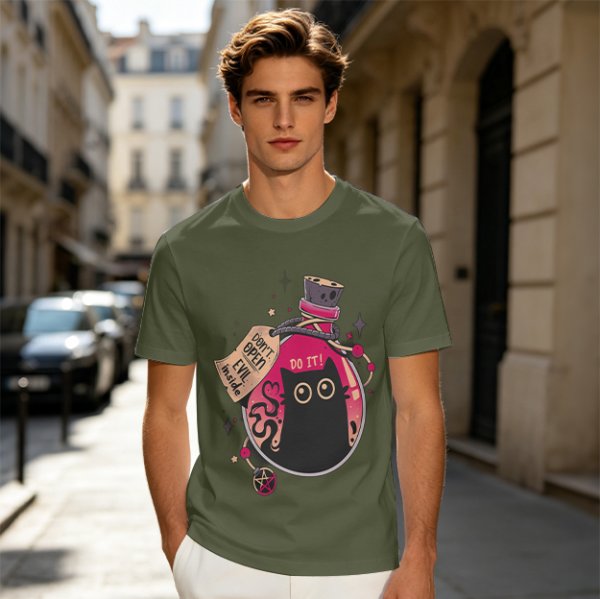 Olive T-shirt with a potion bottle holding a black cat that says don't open evil inside do it