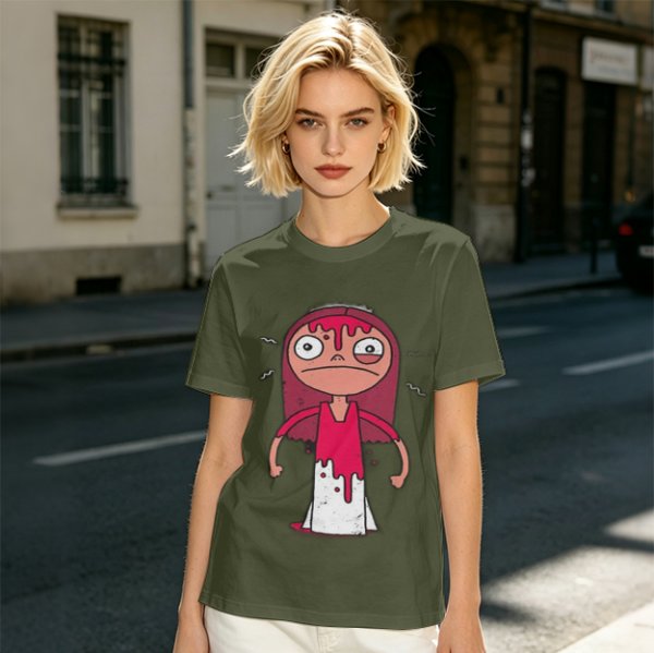 Olive Green T-Shirt With Creepy Cartoon Girl Print