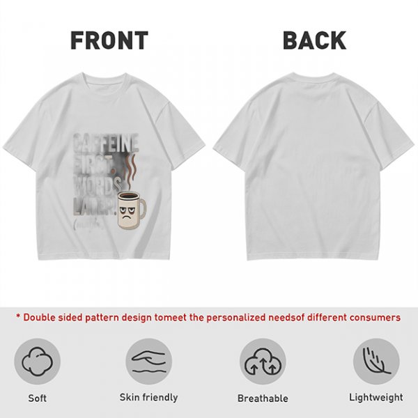 Olive t-shirt with 'Caffeine First Words Later' grumpy coffee mug print