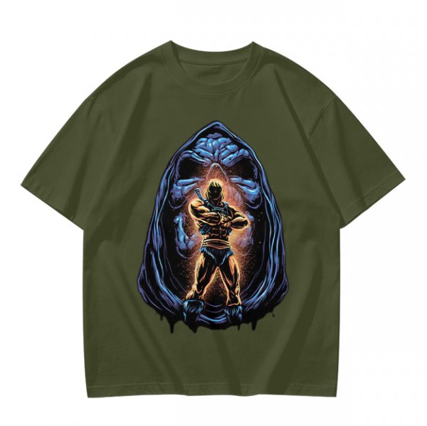 Olive T-Shirt with Muscular Hero Emerging from Hooded Figure Art