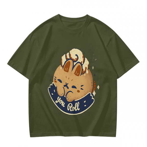 Olive T-Shirt With Cute Cinnamon Bunny Roll Graphic And You Roll Text