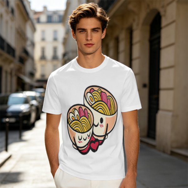 Olive T-Shirt With Cute Hugging Ramen Bowl Couple Print