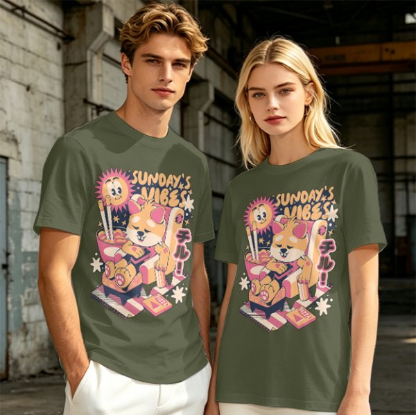 Olive t-shirt with Sunday's Vibes Shiba Inu relaxing graphic