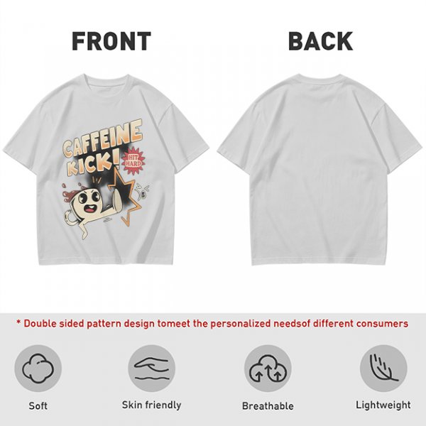 Olive graphic tee with caffeine kick cartoon coffee cup design