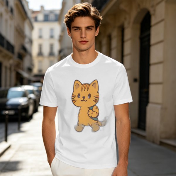 Olive T-Shirt With Cute Orange Tabby Cat Graphic