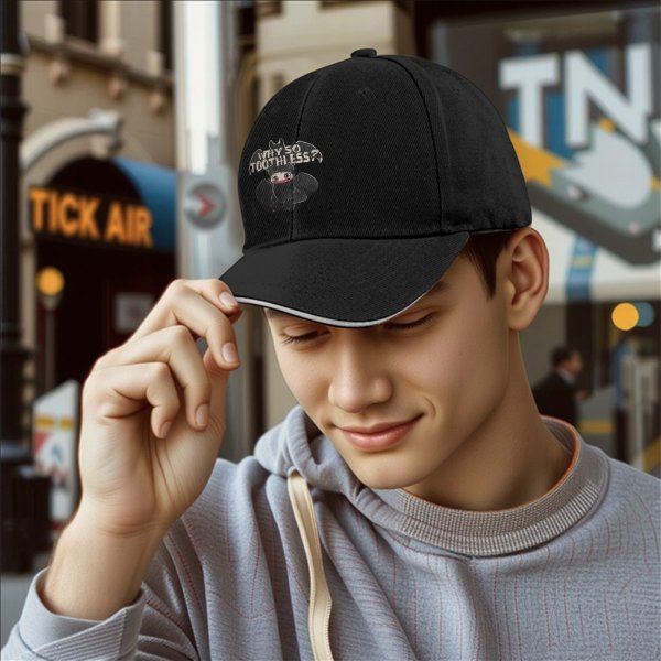 Black baseball cap with 'Why So Toothless?' dragon graphic