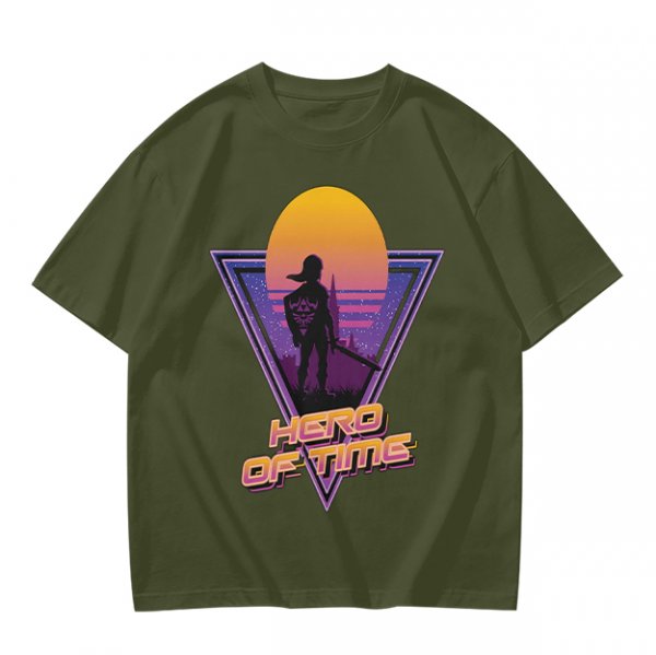 Olive green retro sunset graphic t-shirt with Hero of Time print