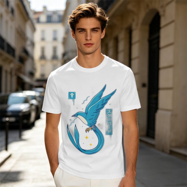 Olive T-shirt with Blue Star Bird and Japanese Graphic Print