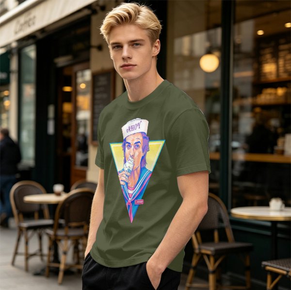 Olive T-Shirt with Steve Harrington Scoops Ahoy Ice Cream Graphic