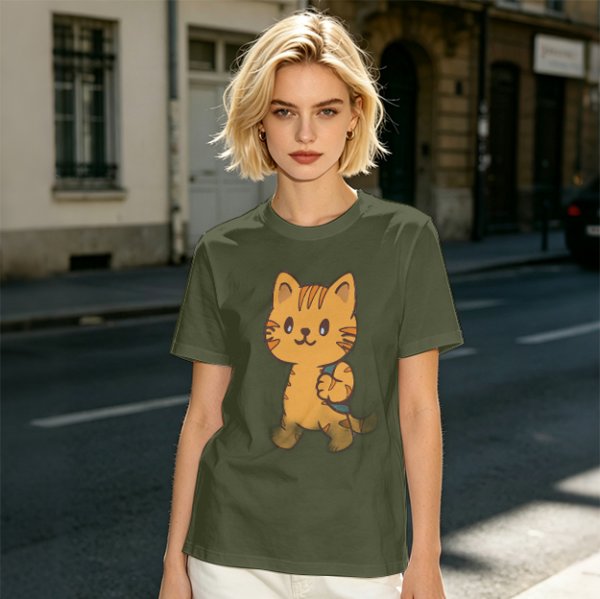 Olive T-Shirt With Cute Orange Tabby Cat Graphic