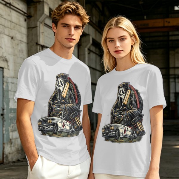 Olive T-shirt with Ghostface driving a Ghostbusters-style car graphic