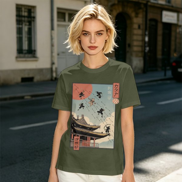 Olive T-Shirt with Ukiyo-e Style Ninja Temple Print