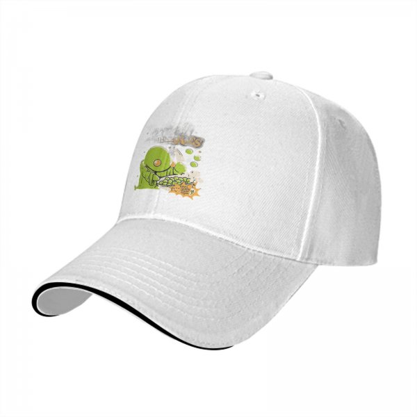 Black baseball cap with green chocobo cooking peas graphic