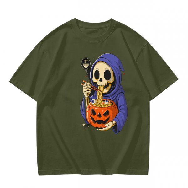 Grim Reaper Eating Ramen from Jack-o'-lantern Pumpkin Bowl T-Shirt