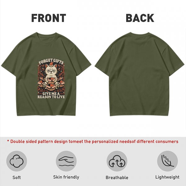 Olive t-shirt with grumpy cat holding boxes and text 'Forget Gifts Give Me A Reason To Live'