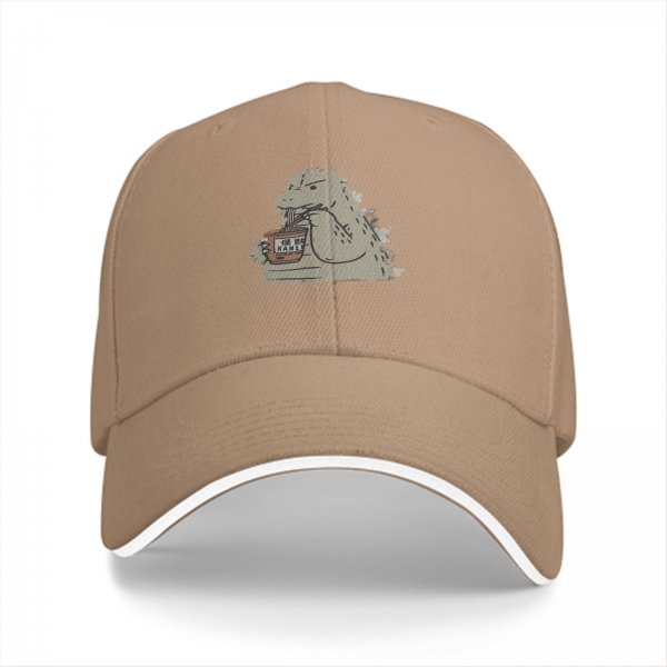 Black baseball cap with Godzilla eating ramen graphic