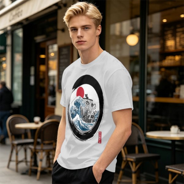 Olive T-shirt with Great Wave Enso Circle and Red Sun Print