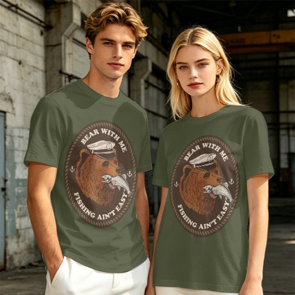 Olive t-shirt with bear captain fishing pun graphic