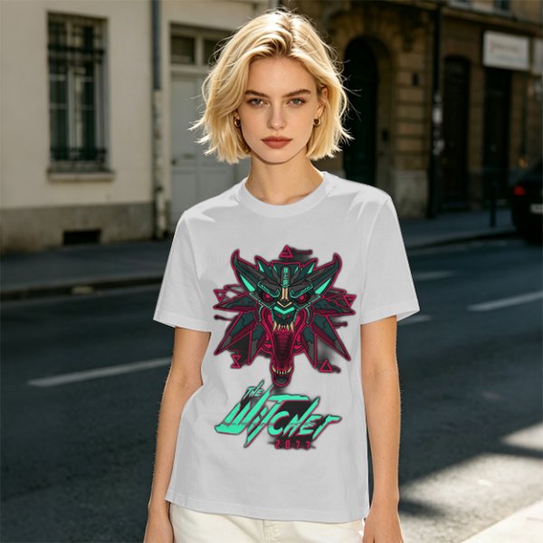 Olive T-Shirt With Cyberpunk Witcher Wolf Emblem Print