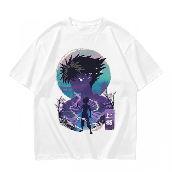 Anime character silhouette graphic tee with stylized purple and blue art