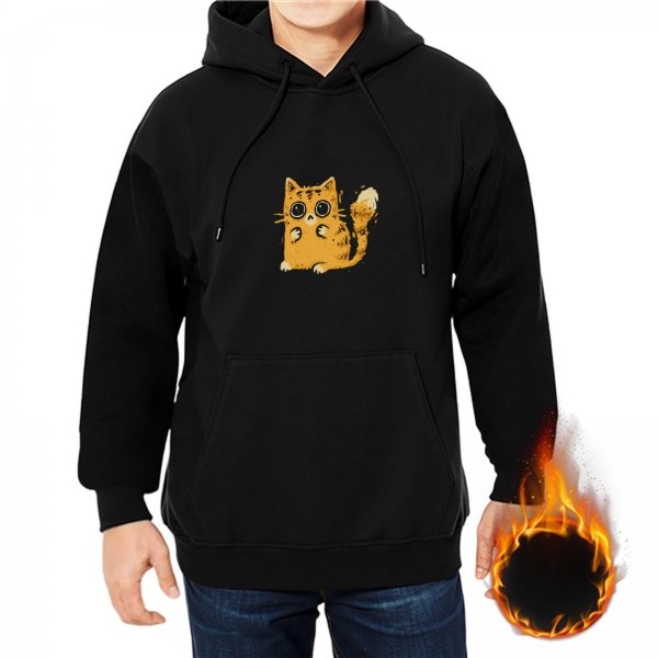 Black Hoodie With Cute Orange Cat Graphic Print