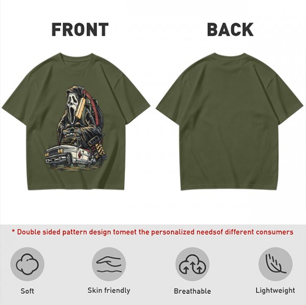 Olive T-shirt with Ghostface driving a Ghostbusters-style car graphic
