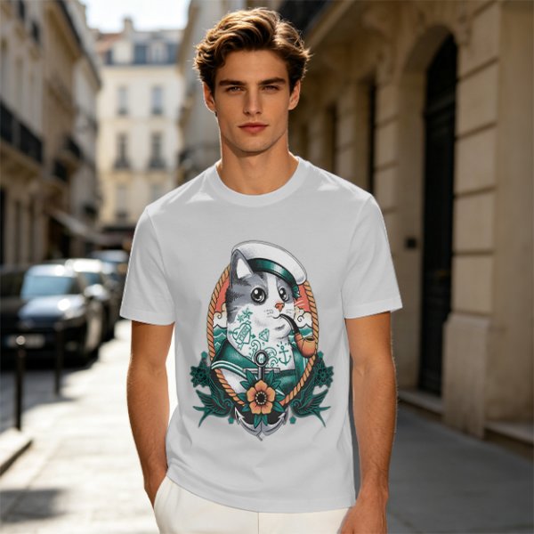 Olive T-Shirt With Sailor Cat Tattooed Pipe Design