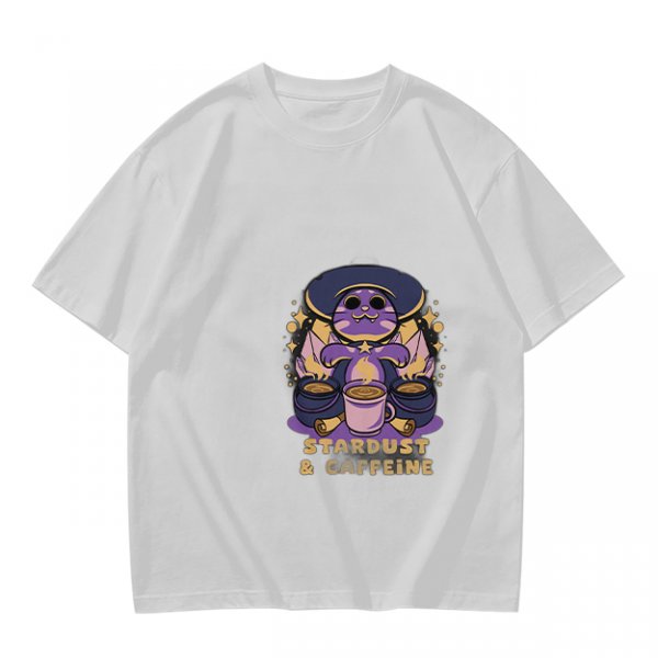 Olive Graphic T-Shirt with Wizard Cat and Stardust & Caffeine Print