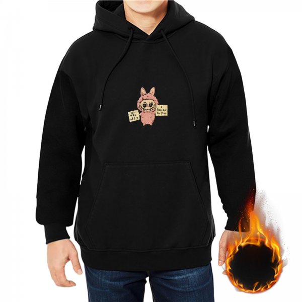 Black hoodie with cute pink cartoon character holding signs