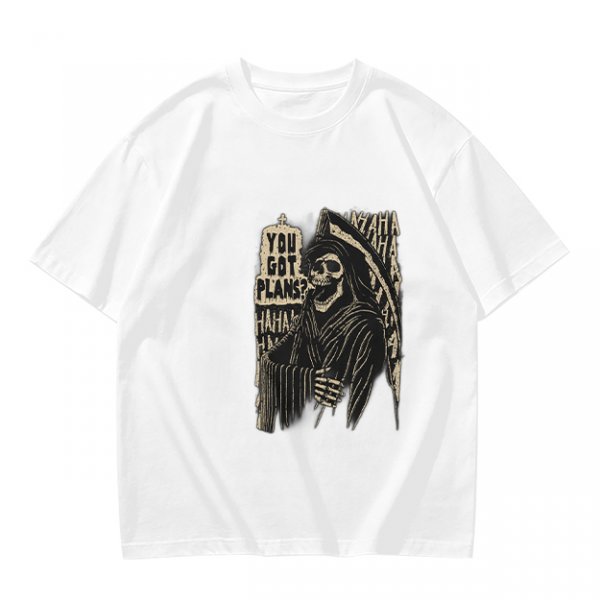 Olive graphic t-shirt with grim reaper and 'You Got Plans?' print