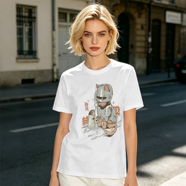 Olive Green T-Shirt With Cat In Robot Helmet Graphic Print
