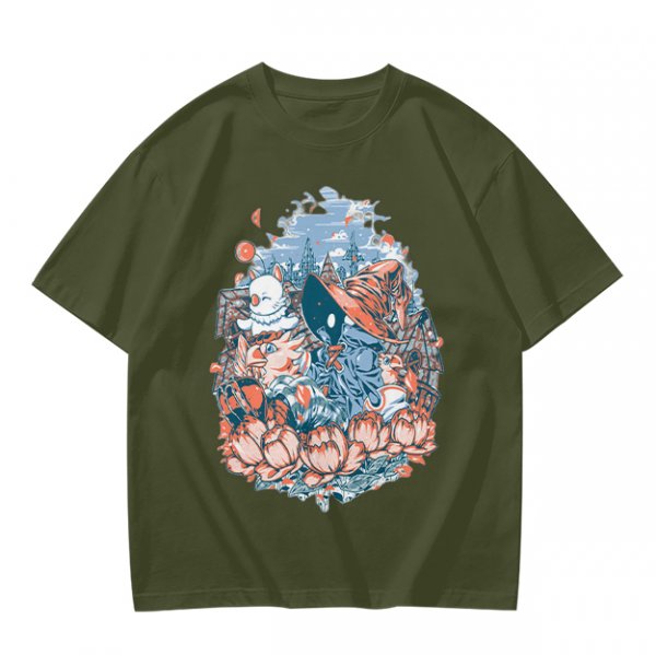 Olive T-Shirt with Whimsical Fantasy Character and Floral Art Print