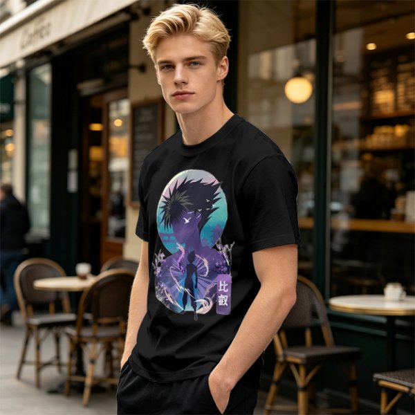 Anime character silhouette graphic tee with stylized purple and blue art