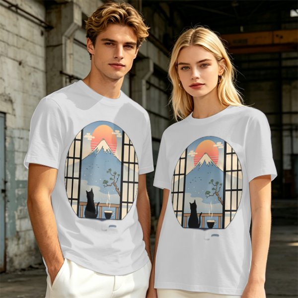 Olive T-shirt with Black Cat Viewing Mount Fuji Sunrise Art