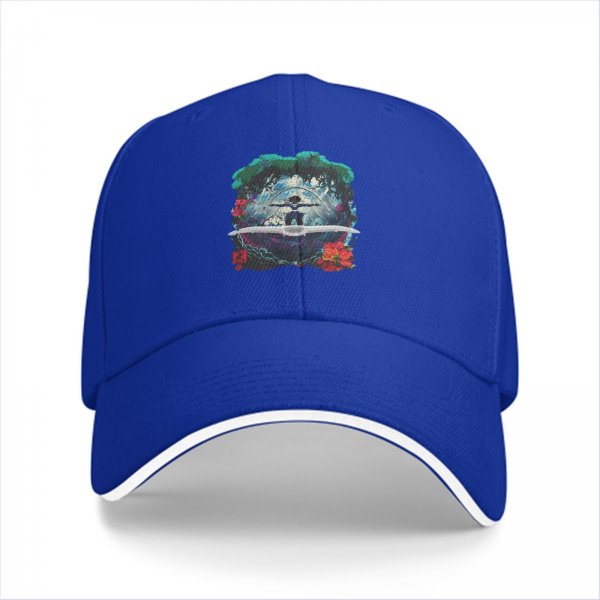 Black Baseball Cap With Fantasy Forest Figure And Red Floral Print