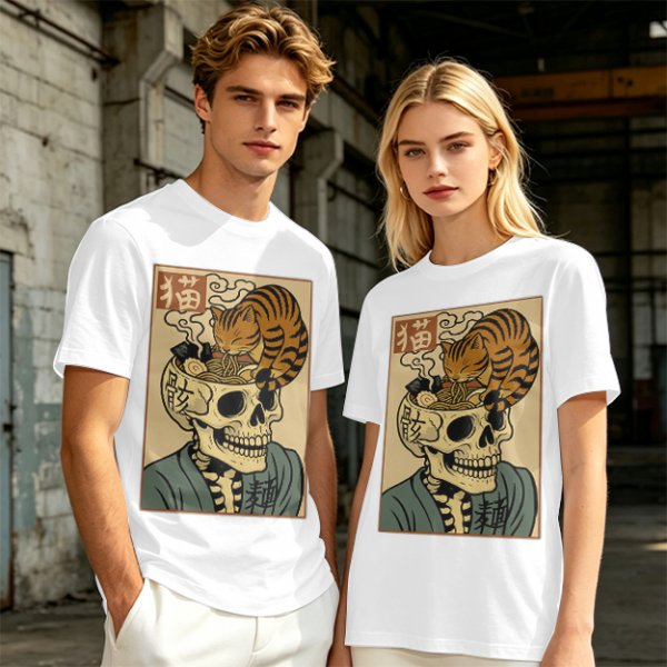 Olive t-shirt with a skull ramen bowl and a napping tabby cat print