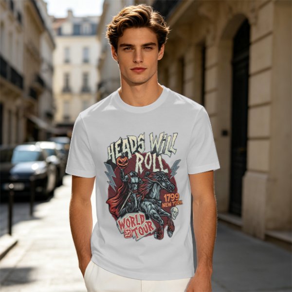Olive graphic t-shirt featuring Headless Horseman 'Heads Will Roll World Tour' print