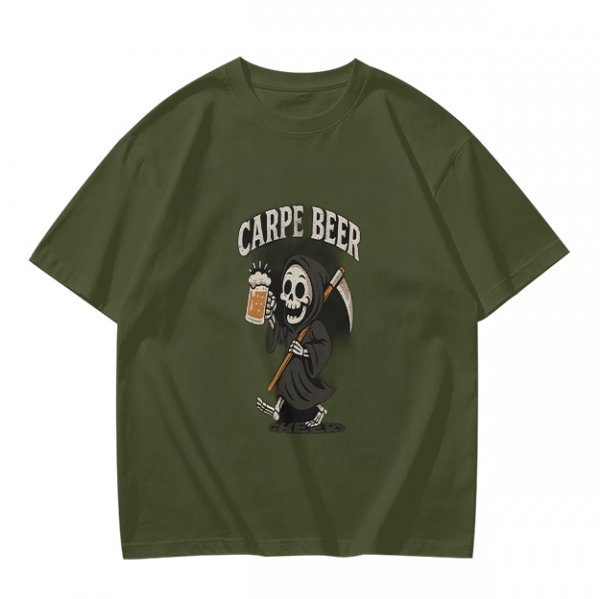 Olive green t-shirt with Carpe Beer grim reaper holding beer mug graphic