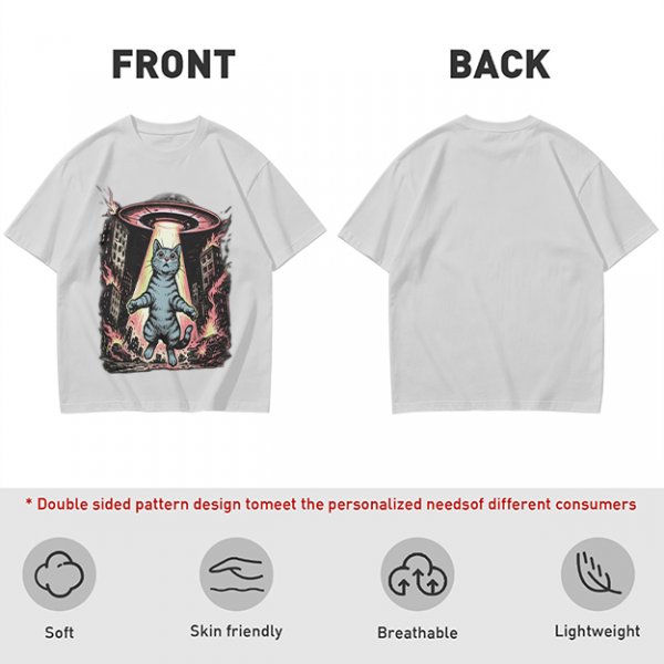 Olive T-Shirt with UFO Abducting Cat Over Burning City