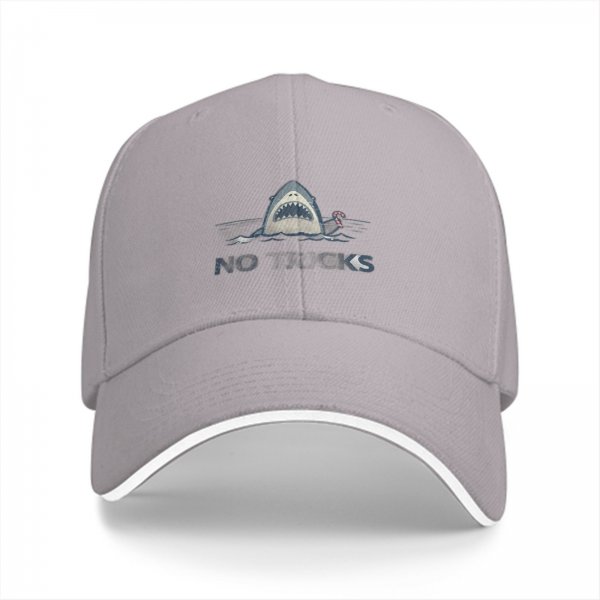 Black baseball cap with shark graphic and 'NO' text print