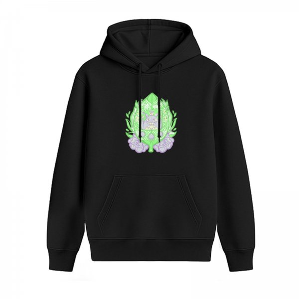 Black hoodie with green leaf and purple creature graphic