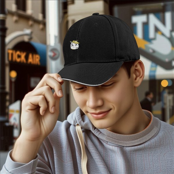 Black Baseball Cap With Cute Cartoon Character Emblem