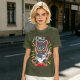Olive green graphic t-shirt with a cartoon metal cat playing guitar