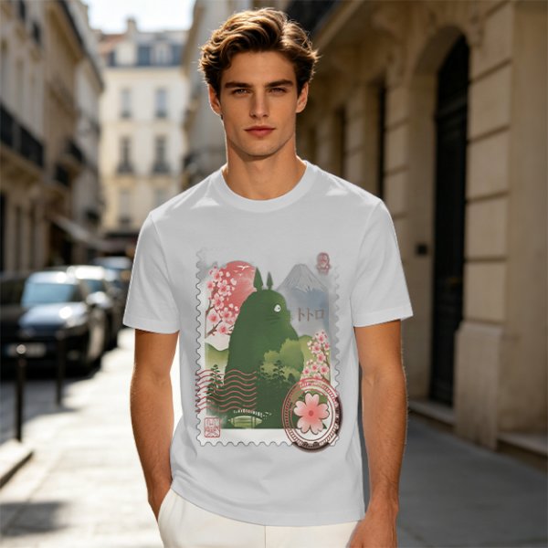 Olive T-Shirt with Totoro Cherry Blossom Stamp Art Print