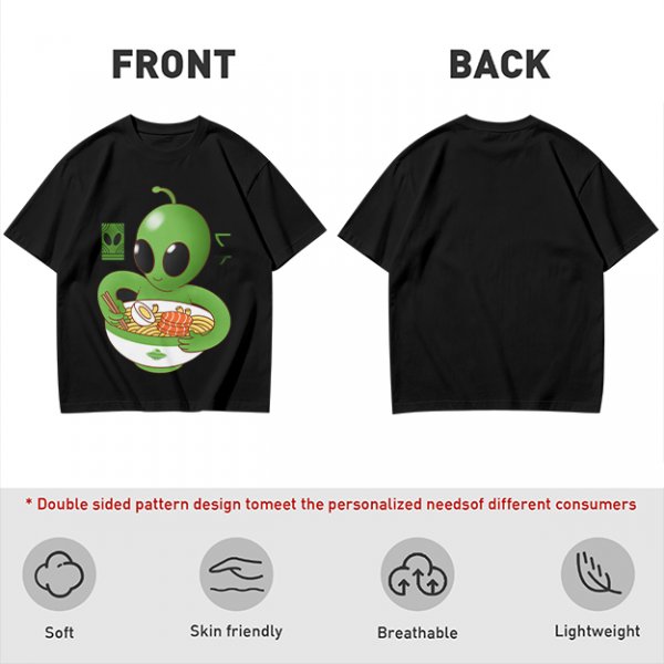 Olive Green T-Shirt With Cute Alien Eating Ramen Graphic
