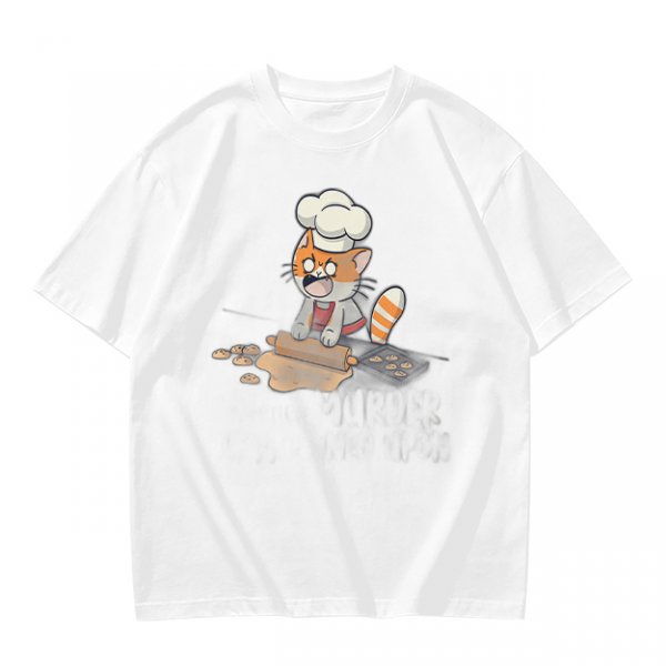 Olive T-shirt with a stressed cartoon cat baking cookies